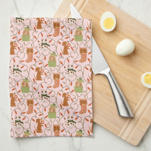 Cute Cats and Dogs Christmas Lights Pink Kitchen Towel