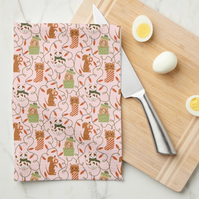 Cute Cats and Dogs Christmas Lights Pink Kitchen Towel (Quarter Fold)