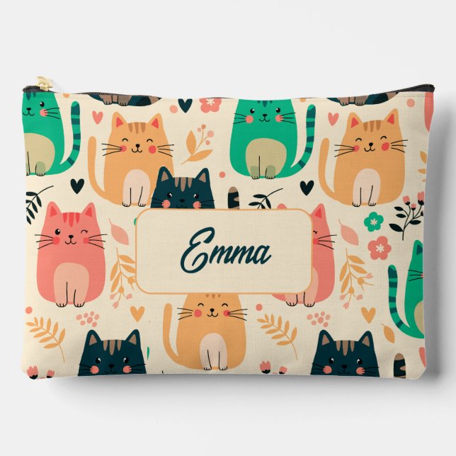 Cute Cats and Floral Pattern Custom Monogram Kids Accessory Pouch (Front)