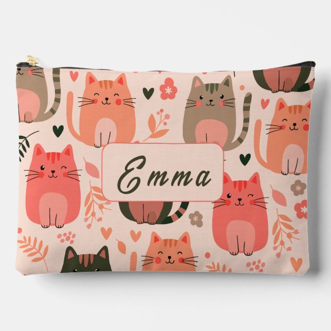 Cute Cats and Floral Pattern Custom Monogram Kids Accessory Pouch (Front)