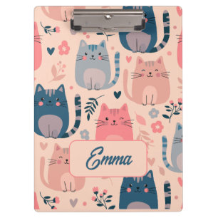 Cute Cats and Floral Pattern Custom Monogram Kids Clipboard