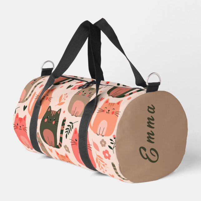 Cute Cats and Floral Pattern Custom Monogram Kids Duffle Bag (Left Corner)
