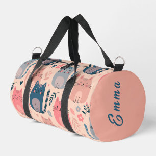 Cute Cats and Floral Pattern Custom Monogram Kids Duffle Bag