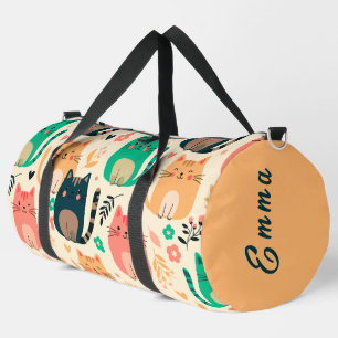 Cute Cats and Floral Pattern Custom Monogram Kids Duffle Bag
