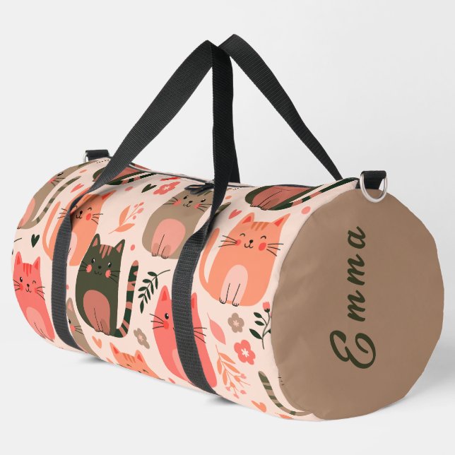 Cute Cats and Floral Pattern Custom Monogram Kids Duffle Bag (Left Corner)