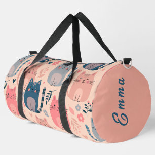 Cute Cats and Floral Pattern Custom Monogram Kids Duffle Bag