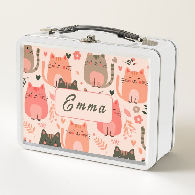 Cute Cats and Floral Pattern Custom Monogram Kids Metal Lunch Box (Front)