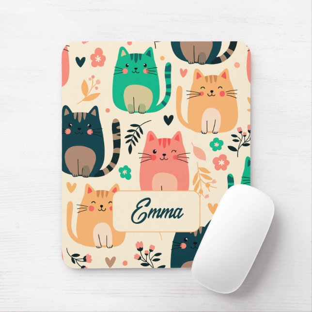 Cute Cats and Floral Pattern Custom Monogram Kids Mouse Pad (With Mouse)