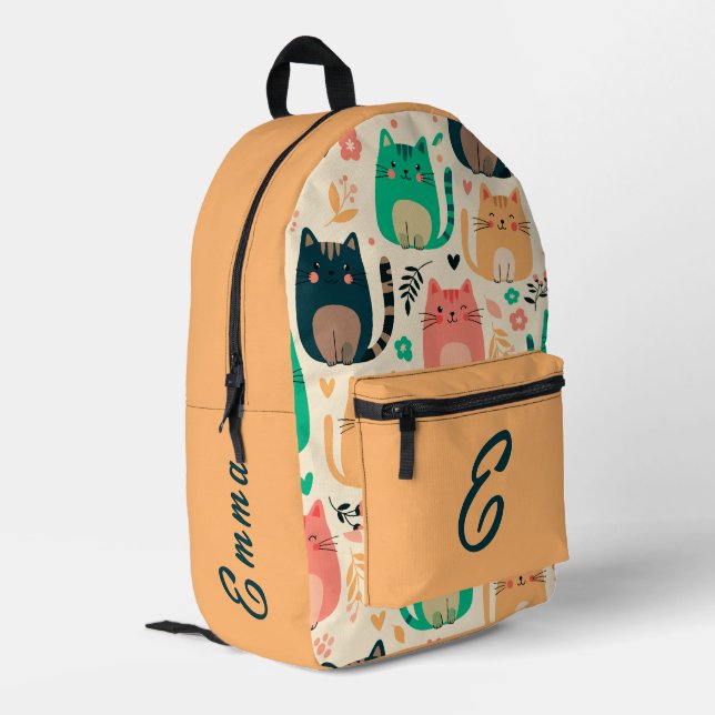 Cute Cats and Floral Pattern Custom Monogram Kids Printed Backpack (Back Corner Left)
