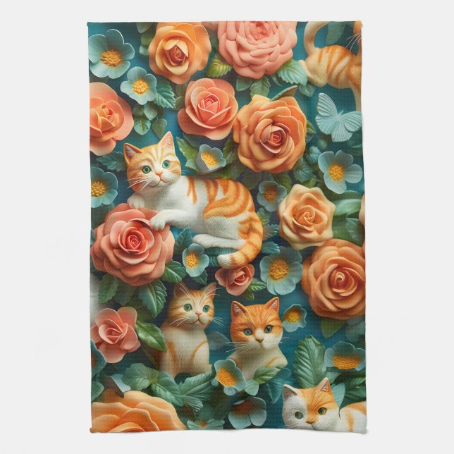 Cute Cats and Flowers Design  Kitchen Towel (Vertical)