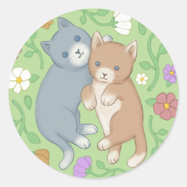 Cute Cats and Flowers Illustration Classic Round Sticker (Front)
