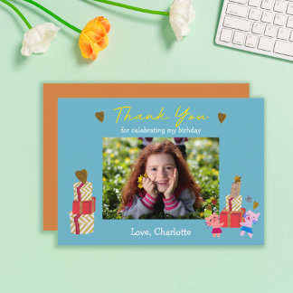 Cute Cats and Gifts Blue Kids Birthday Photo Thank You Card