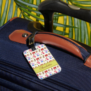 Cute cats and gifts pattern Yellow Name Luggage Tag