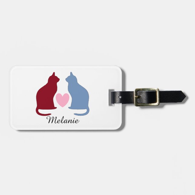 Cute Cats and Heart Personalised Luggage Tag (Front Horizontal)