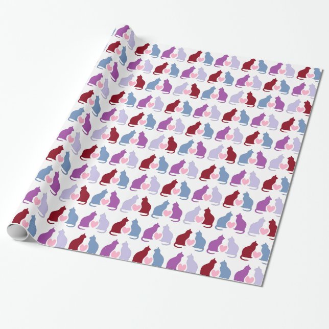 Cute Cats and Hearts Pattern Wrapping Paper (Unrolled)