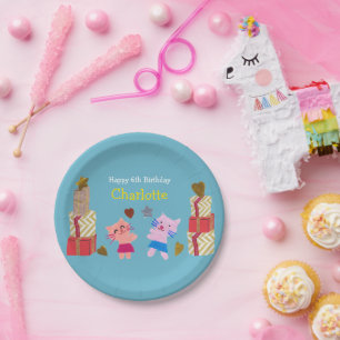 Cute Cats and Presents Blue Kids Birthday Party Paper Plate