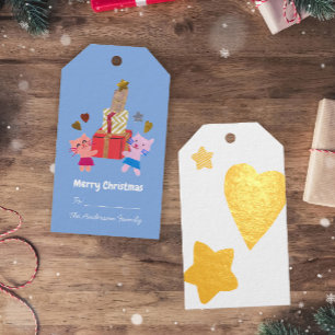 Cute cats and presents star heart blue Christmas Gift Tags
