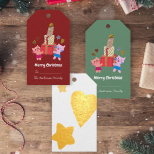 Cute cats and presents star heart red Christmas Gift Tags