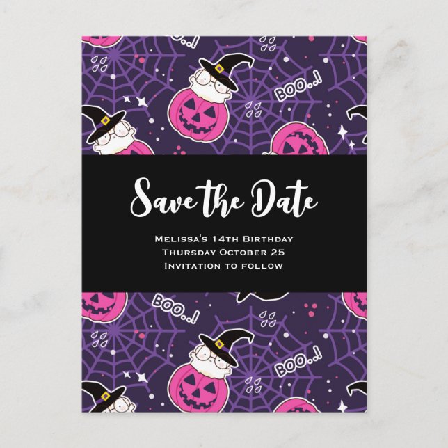 Cute Cats and Pumpkins Halloween Pattern Birthday Invitation Postcard (Front)