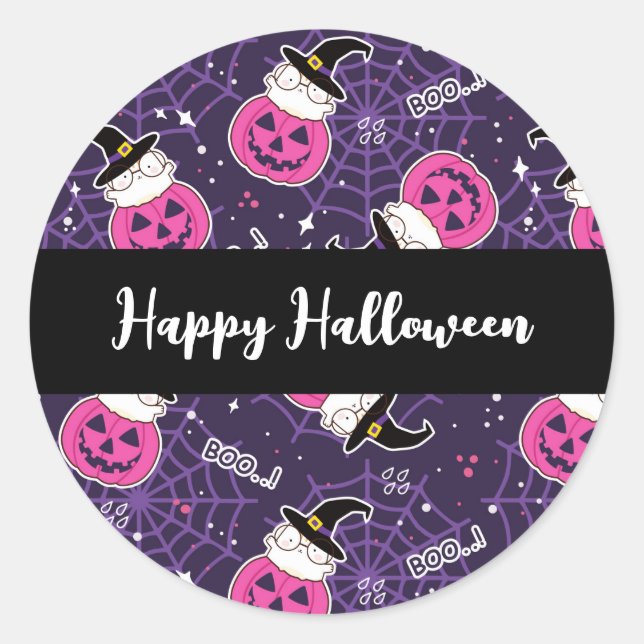 Cute Cats and Pumpkins Halloween Pattern Classic Round Sticker (Front)