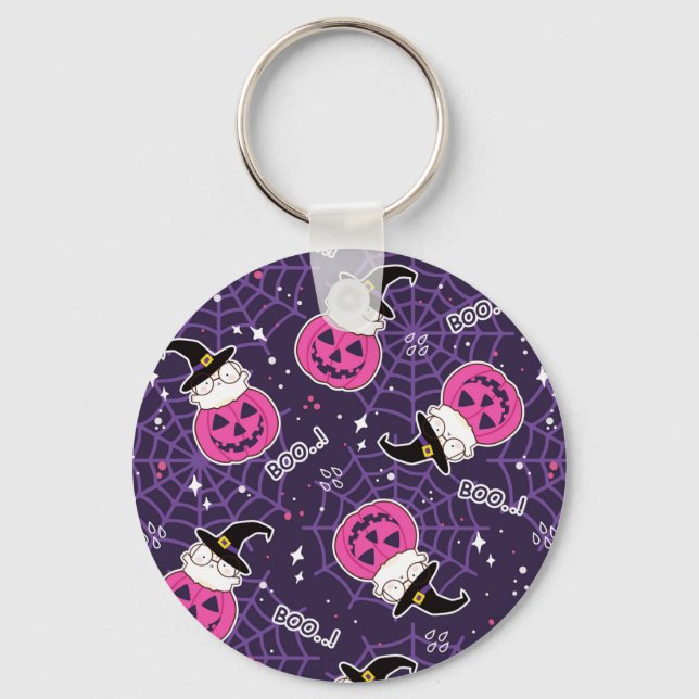 Cute Cats and Pumpkins Halloween Pattern Keychain (Front)