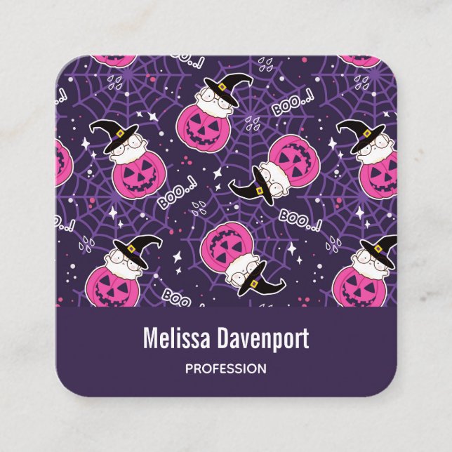 Cute Cats and Pumpkins Halloween Pattern Square Business Card (Front)