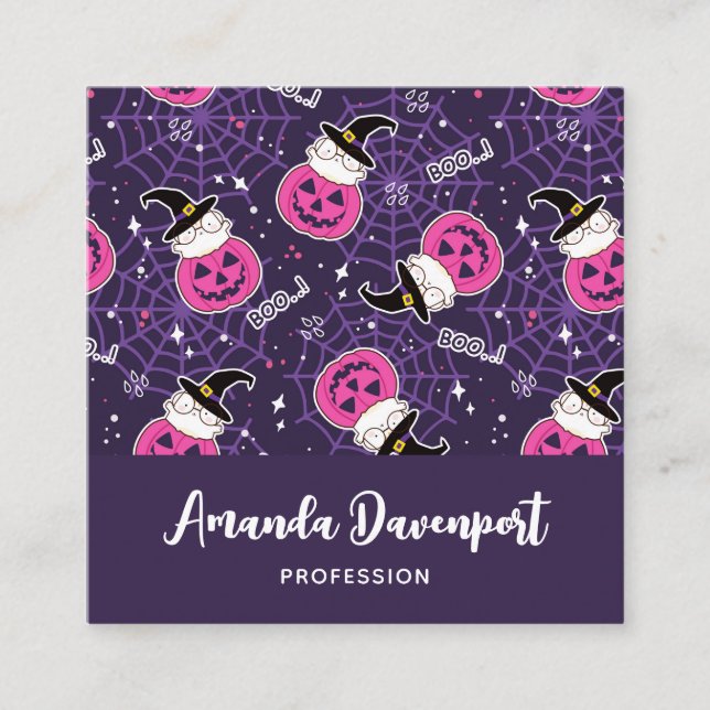 Cute Cats and Pumpkins Halloween Pattern Square Business Card (Front)