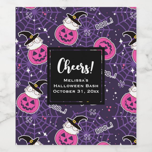 Cute Cats and Pumpkins Halloween Pattern Wine Label (Single Label)