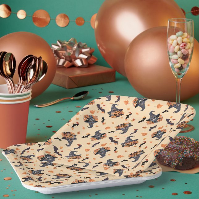 Cute Cats Bats & Pumpkins Halloween Paper Plate (Multi)