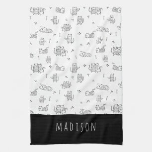 Cute Cats Black and White Doodle Pattern  Kitchen Towel