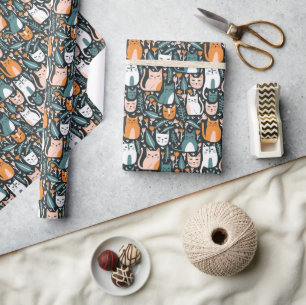 Cute Cats Botanical Floral Pattern Colourful Gift  Wrapping Paper