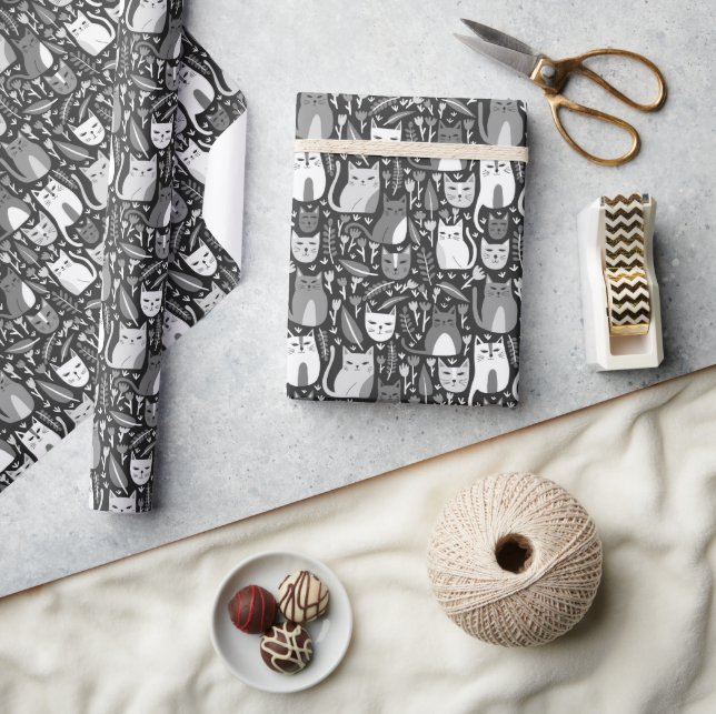 Cute Cats Botanical Floral Pattern Grey White Gift Wrapping Paper (Crafts)