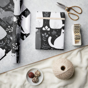 Cute Cats Botanical Floral Pattern Grey White Wrapping Paper