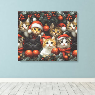 Cute Cats Celebrating Holiday with Chrtistmas Tree Canvas Print
