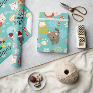 Cute Cats Christmas Pattern Paws, Snowflakes Text Wrapping Paper