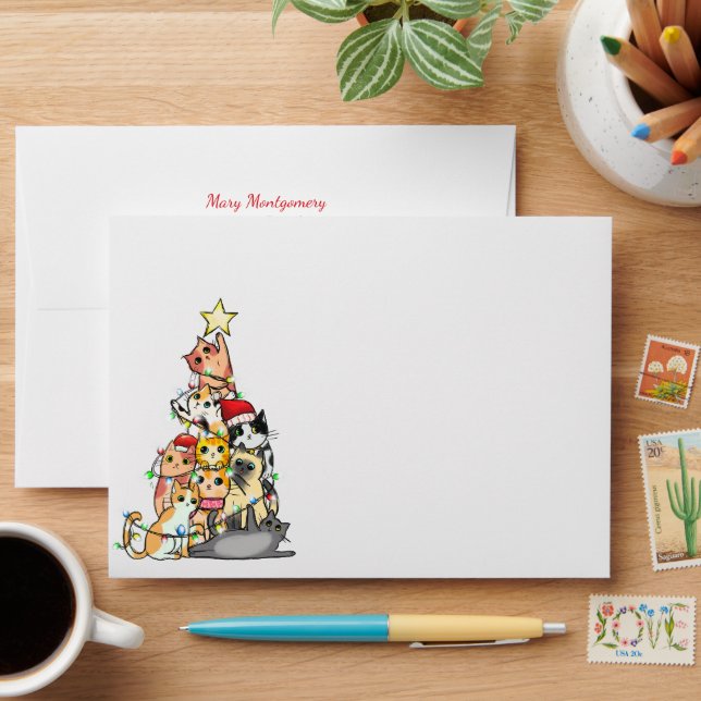 Cute Cats Christmas Tree Return Address Envelope (Desk)