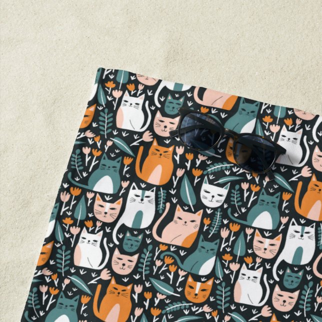 Cute Cats Colourful Botanical Floral Pattern  Beach Towel (In Situ)