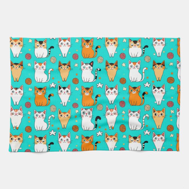 Cute Cats 🐱✨ Colourful Felines Yarn Playful Kitchen Towel (Horizontal)