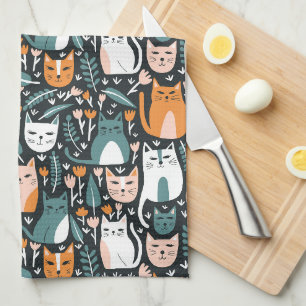Cute Cats Colourful Pattern Botanical Floral Print Kitchen Towel