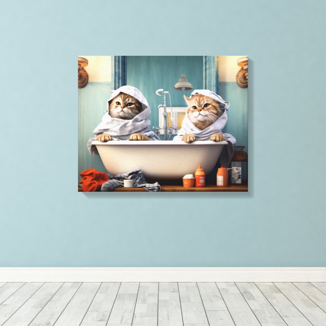 Cute Cats Couple in Bathtub Perfect for Bathroom Canvas Print (Insitu(Wood Floor))