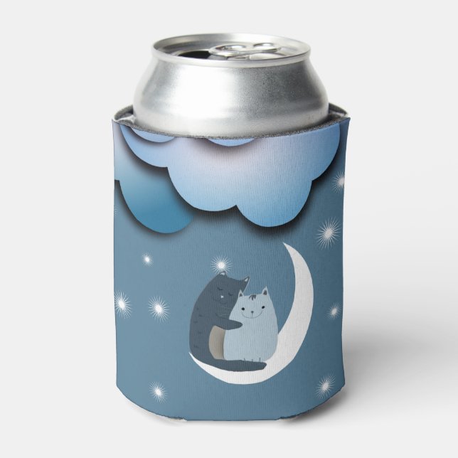 Cute Cats Cuddling on the Moon Art Can Cooler (Can Front)