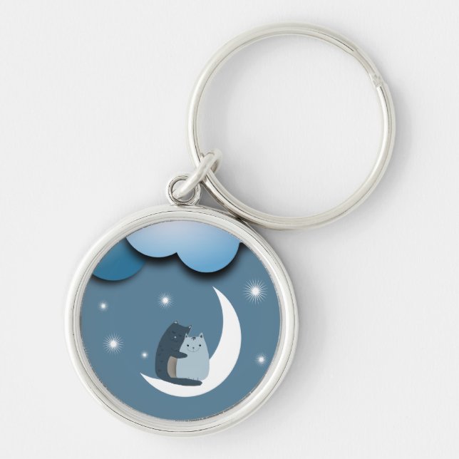 Cute Cats Cuddling on the Moon Art Keychain (Front)