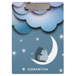Cute Cats Cuddling on the Moon Art Personalised Clipboard