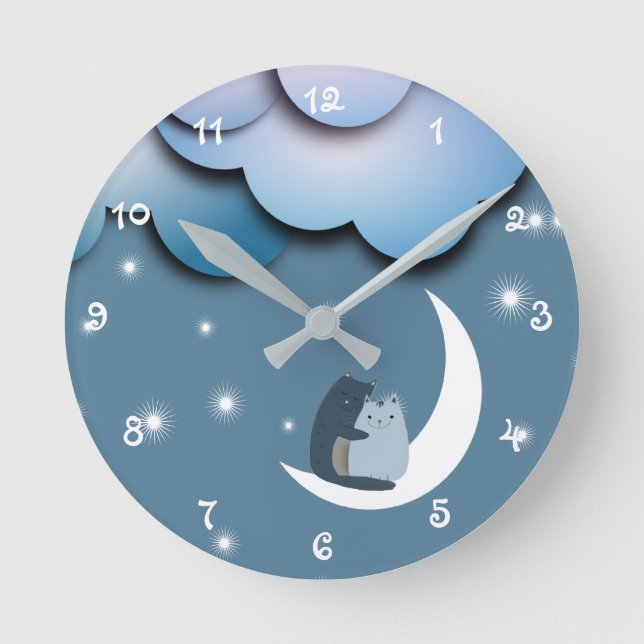 Cute Cats Cuddling on the Moon Art Round Clock (Front)