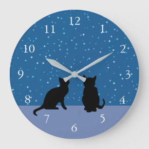 Cute cats dark night sky with stars large clock