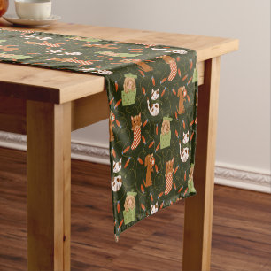 Cute Cats Dogs Holiday Christmas Lights Green Medium Table Runner