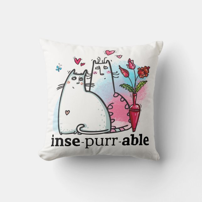 Cute Cats Drawing Romantic feline Pun Insepurrable Throw Pillow (Front)