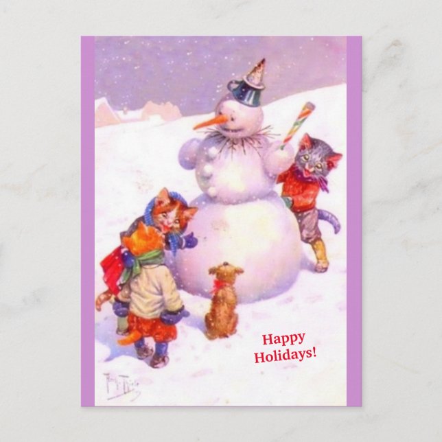 Cute Cats & Fabulous Snowman Purple Vintage copy Postcard (Front)