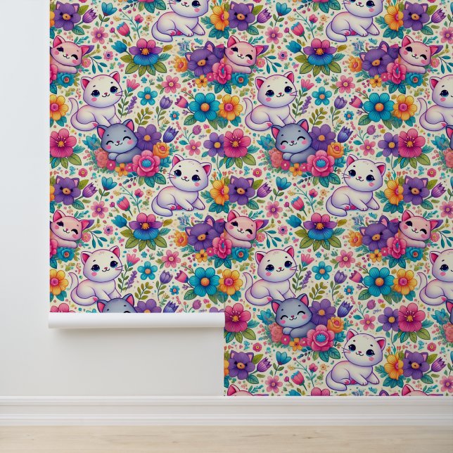 Cute Cats & Floral Pattern Wallpaper  (Application)