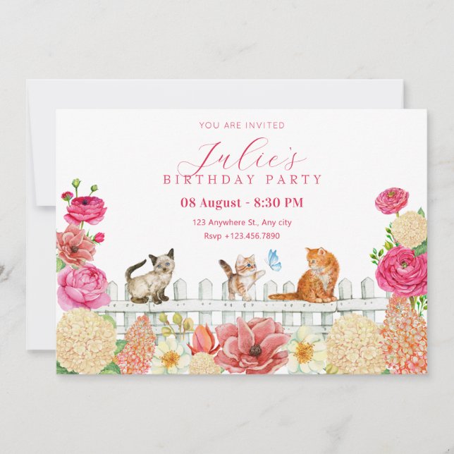 Cute cats flowers birthday invitation (Front)